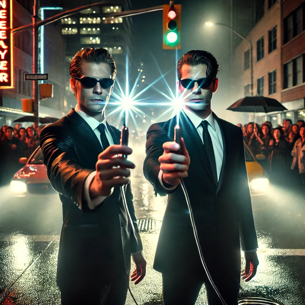 Here's the updated image featuring two MIB agents, each holding their own pen-like Neuralyzer, with a small crowd gathered in the background reacting to the bright flashes.