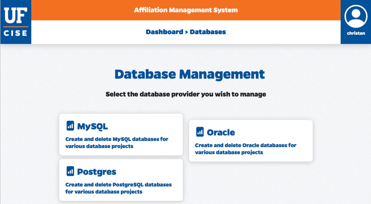 The CISE Database Management portal, with MySQL, Postgres, and Oracle providers