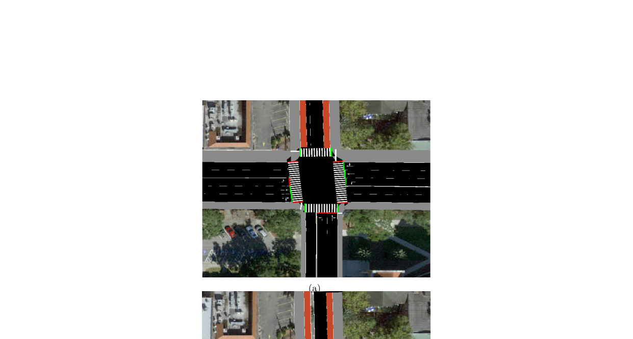 Figure 2 from Ranjan et al.: SUMO representations of two Gainesville intersections. Panel (a) is the original geometry; panel (b) removes the middle east–west lanes to test generalization under modified topology.