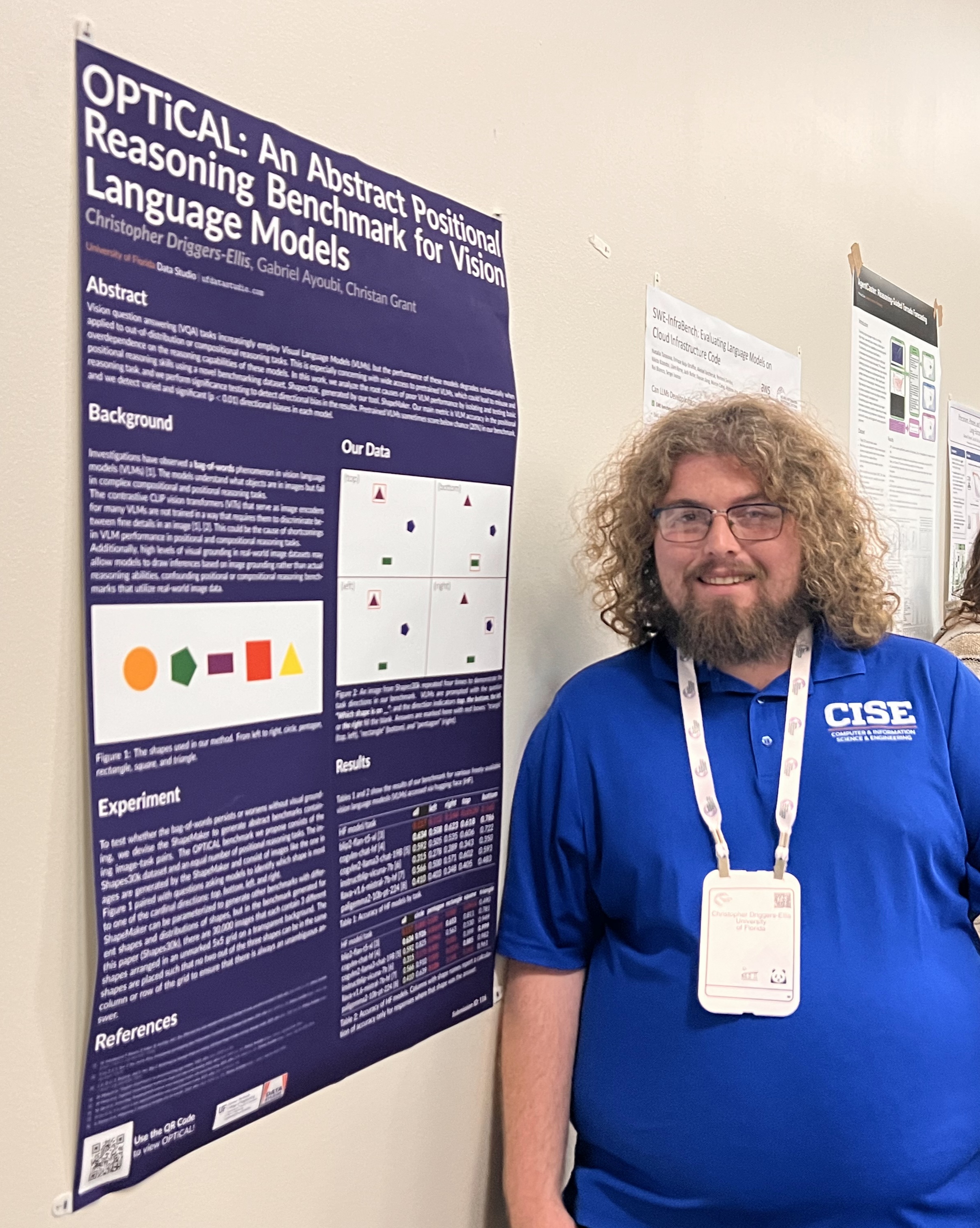 Christopher William Driggers-Ellis standing next to his poster at the LLM Evaluation Workshop at NeurIPS 2025.