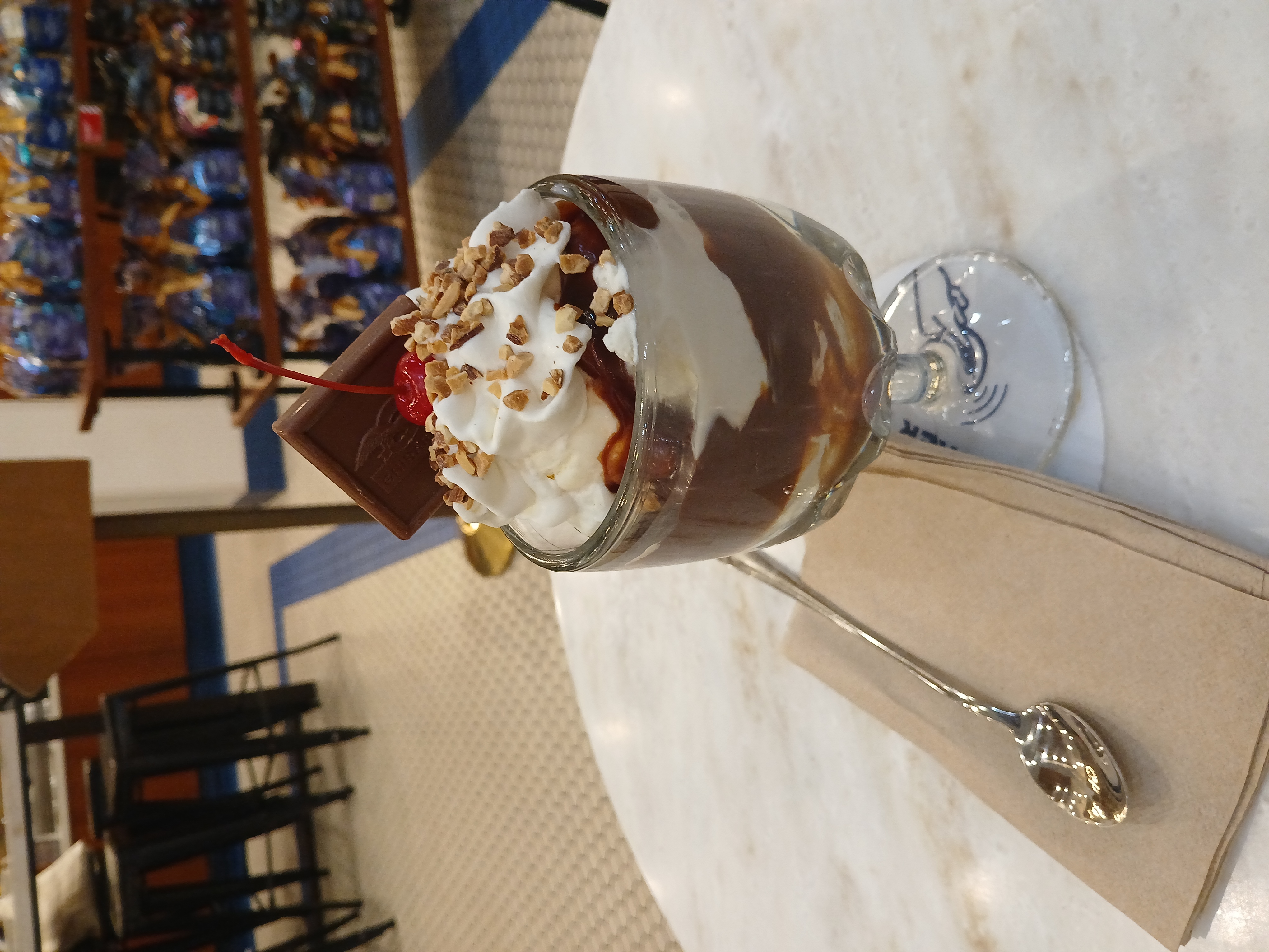 A hot fudge sundae served by the Ghirardelli store at San Diego's Gaslamp Quarter